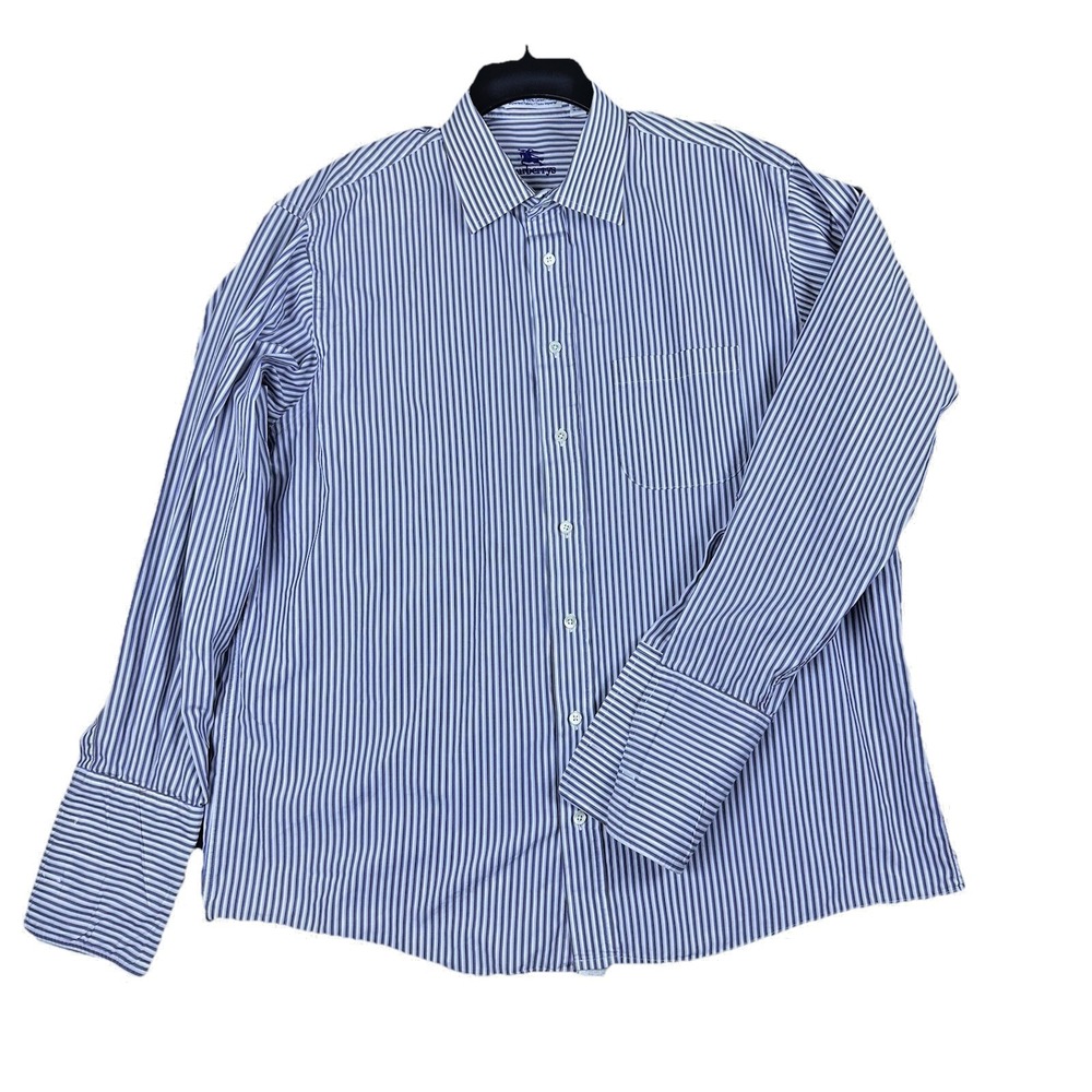 VTG Burberrys Mens17.5 35 Blue Brown Striped Dress Shirt Made in USA 100% Cotton